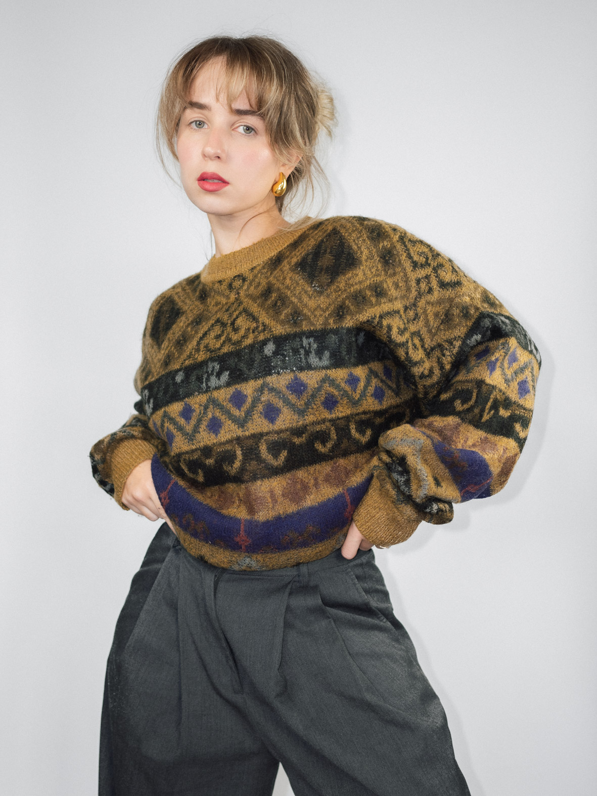 Earth-Tone Vintage Knit Sweater - L/XL - Image 2