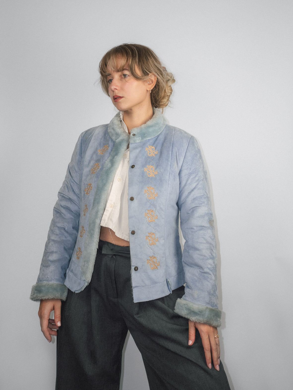 Faux Fur Vintage Jacket with Embroidered Details – S
