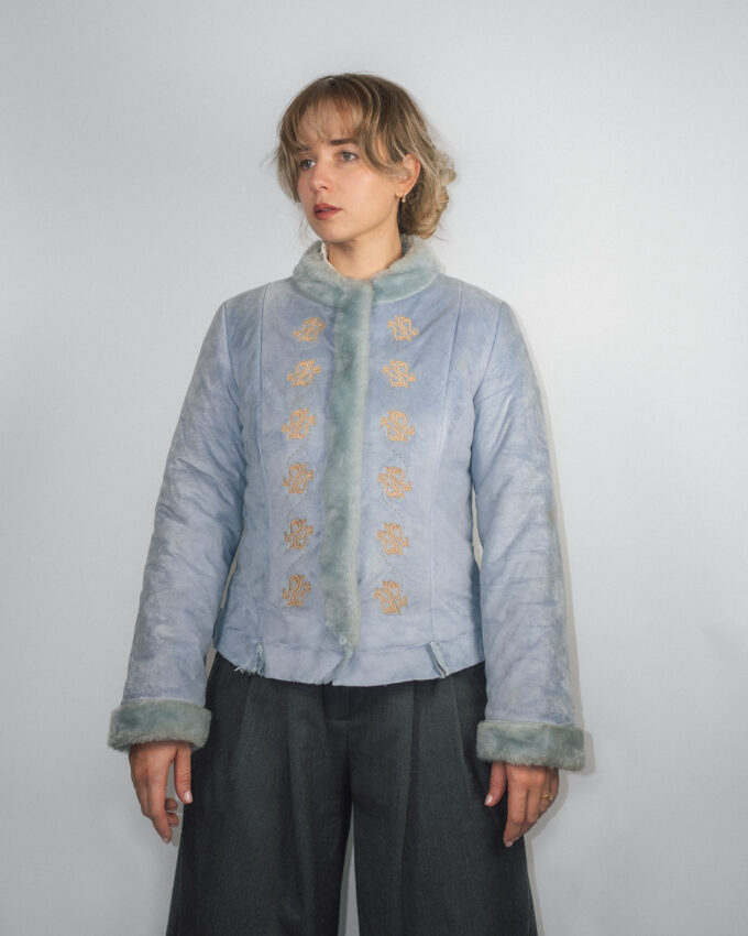 Faux Fur Vintage Jacket with Embroidered Details – S