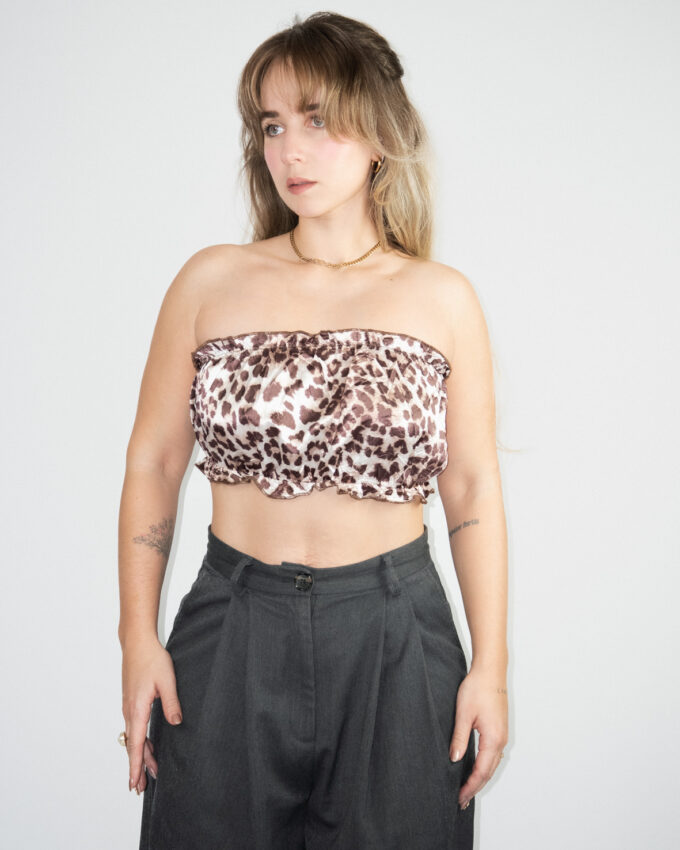 Vintage Leopard Print Satin Bandeau Top - S/M