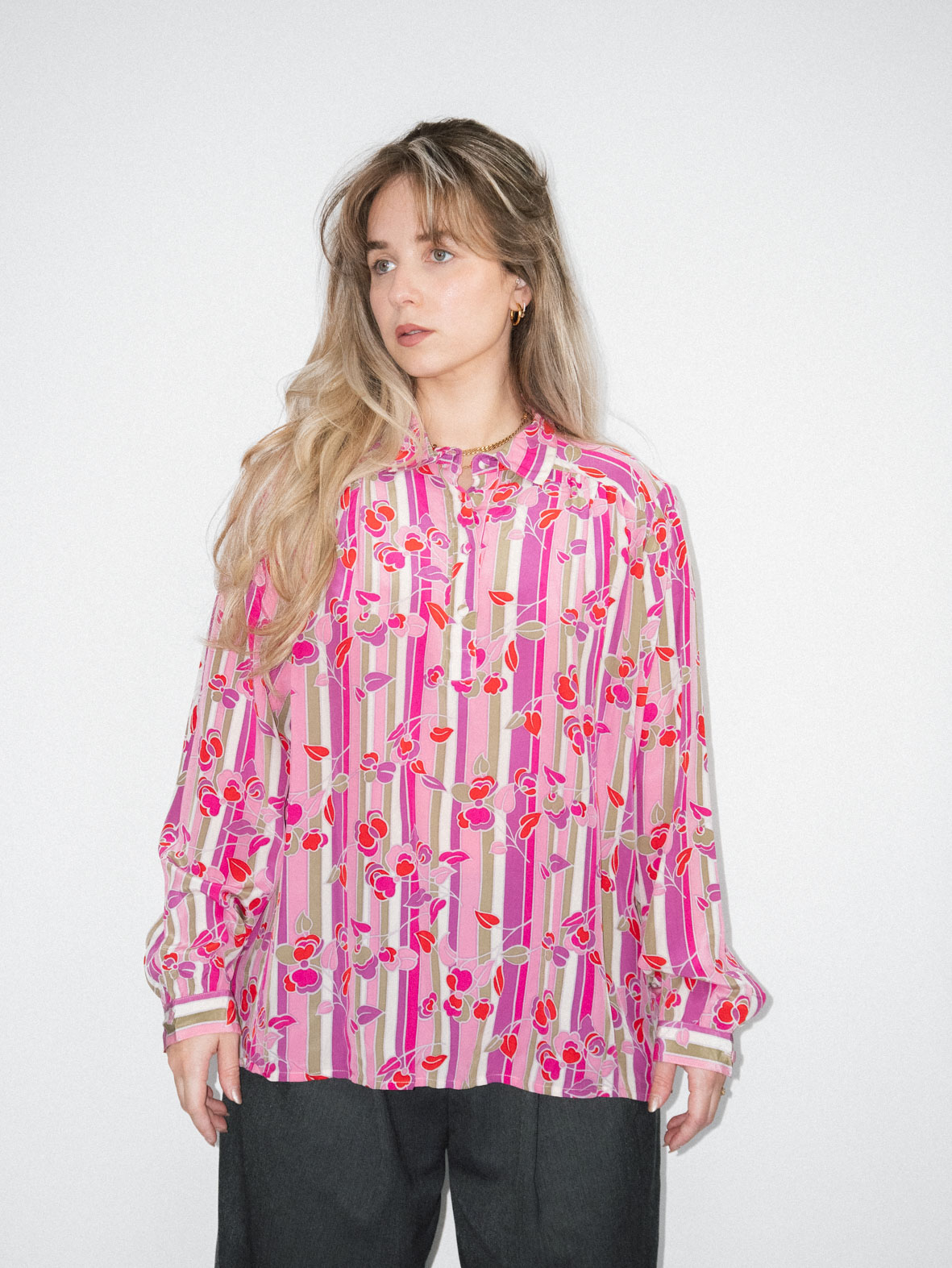 Pink 100% Silk Floral Blouse - M - Image 2