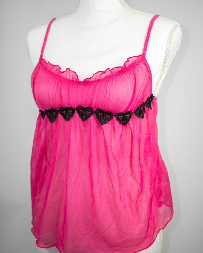 Bold Pink Cami Top with Heart Lace Details – S