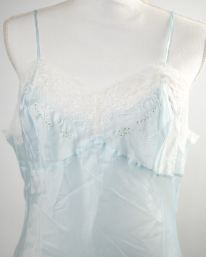 Baby Blue Satin Vintage Slip Dress with Lace Details – M/L