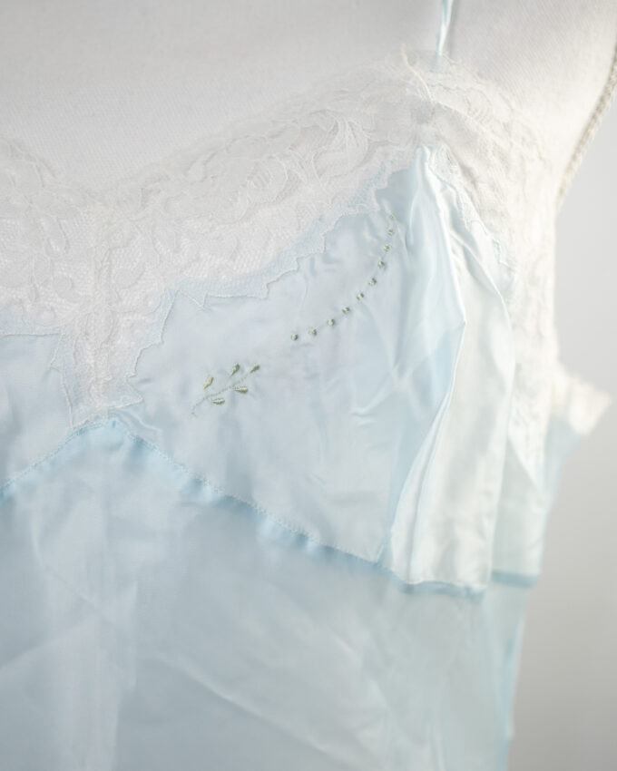 Baby Blue Satin Vintage Slip Dress with Lace Details – M/L