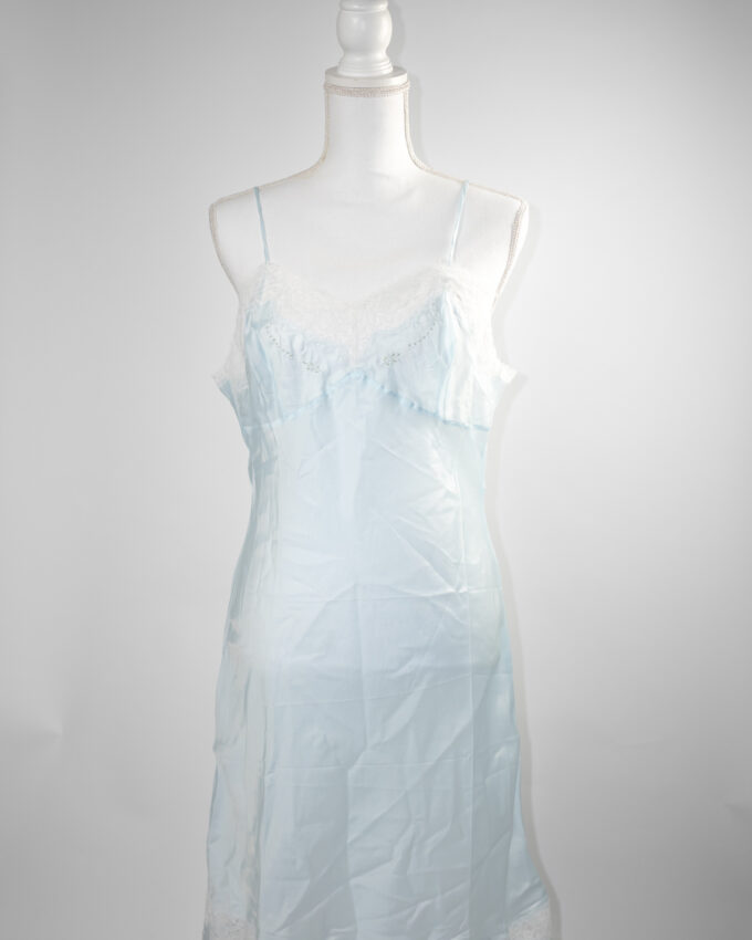 Baby Blue Satin Vintage Slip Dress with Lace Details – M/L