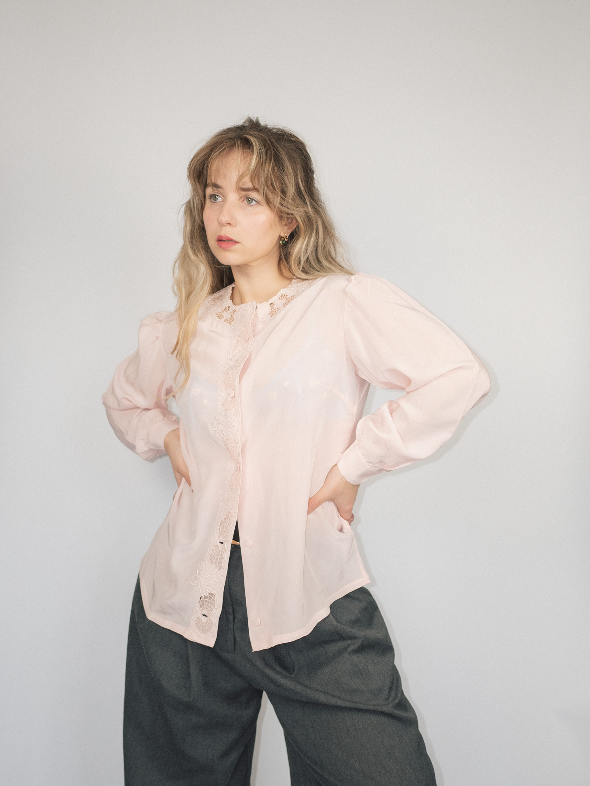 100% Silk Blouse with Lace Trims – M - Image 2
