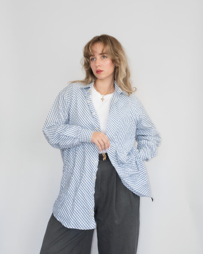 Oversized Vintage Cotton Shirt – Blue Checkered - XL