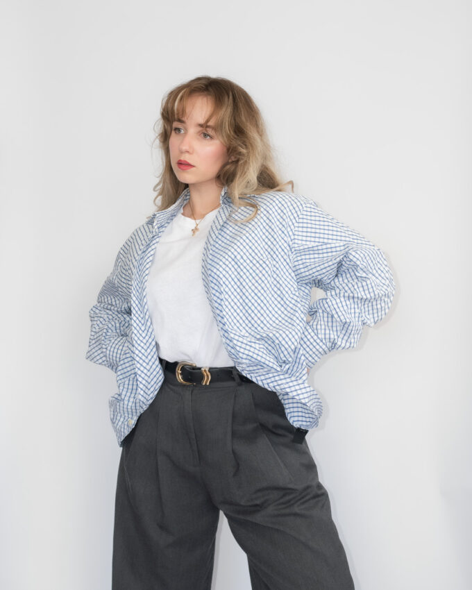 Oversized Vintage Cotton Shirt – Blue Checkered - XL
