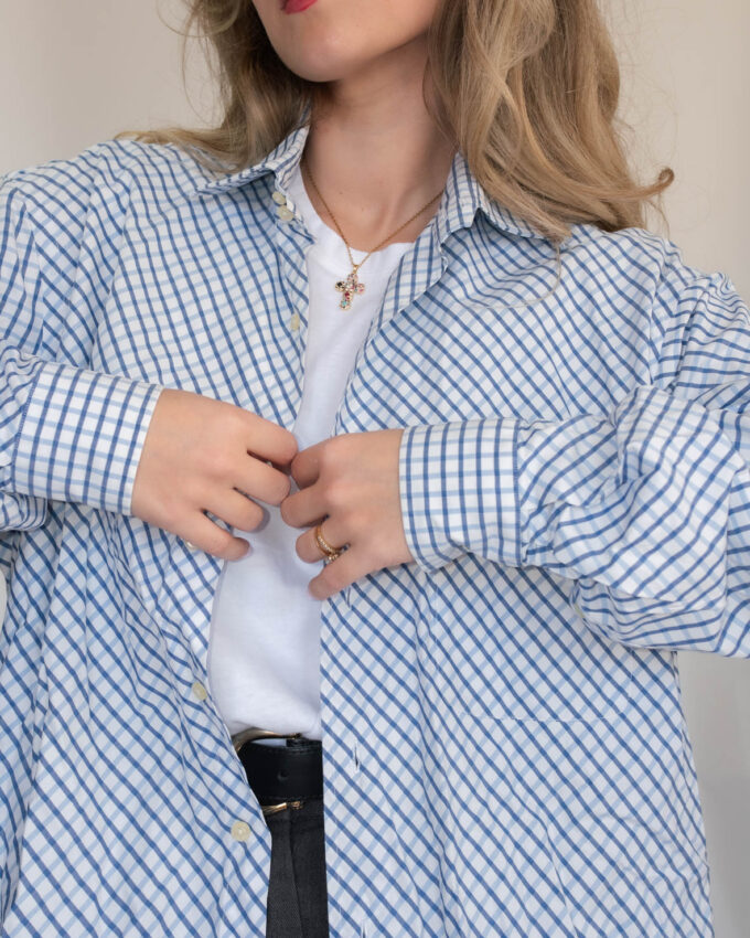 Oversized Vintage Cotton Shirt – Blue Checkered - XL