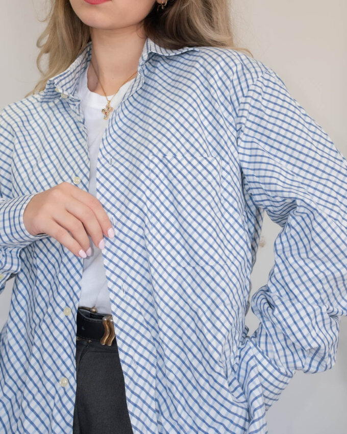 Oversized Vintage Cotton Shirt – Blue Checkered - XL