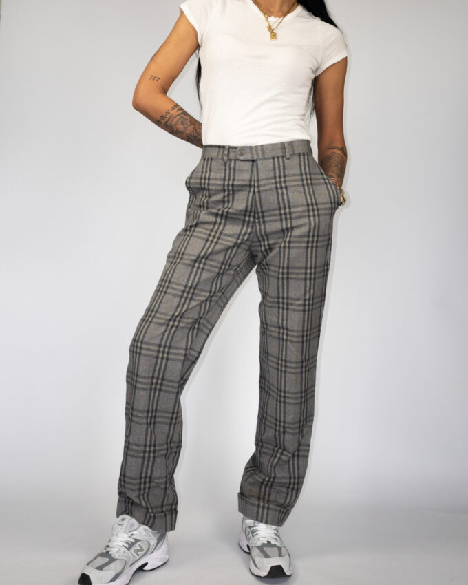 Grey Plaid Tailored Vintage Trousers - M
