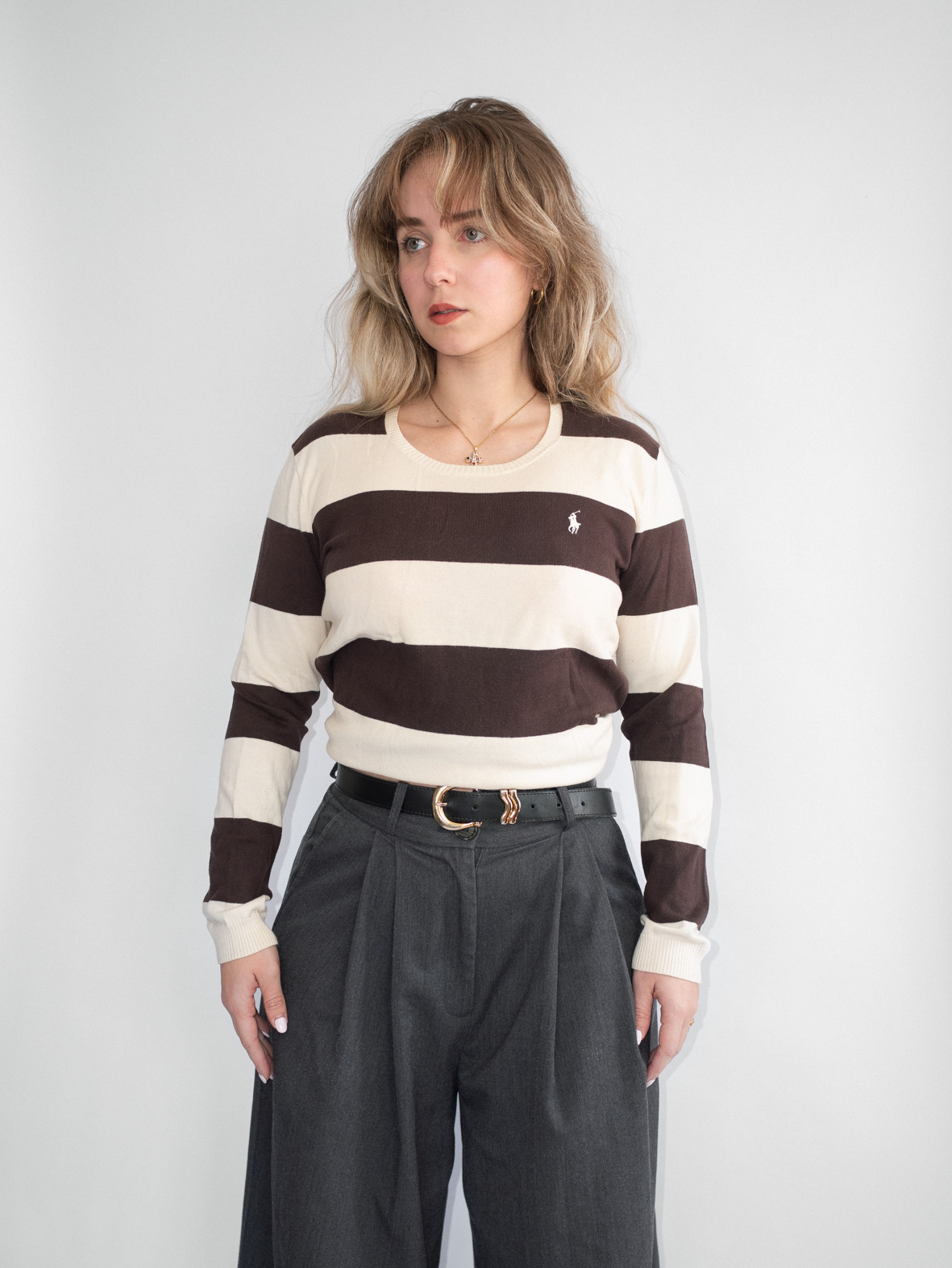 Ralph Lauren Longsleeve (Brown/Cream Stripes) - S/M - Image 2