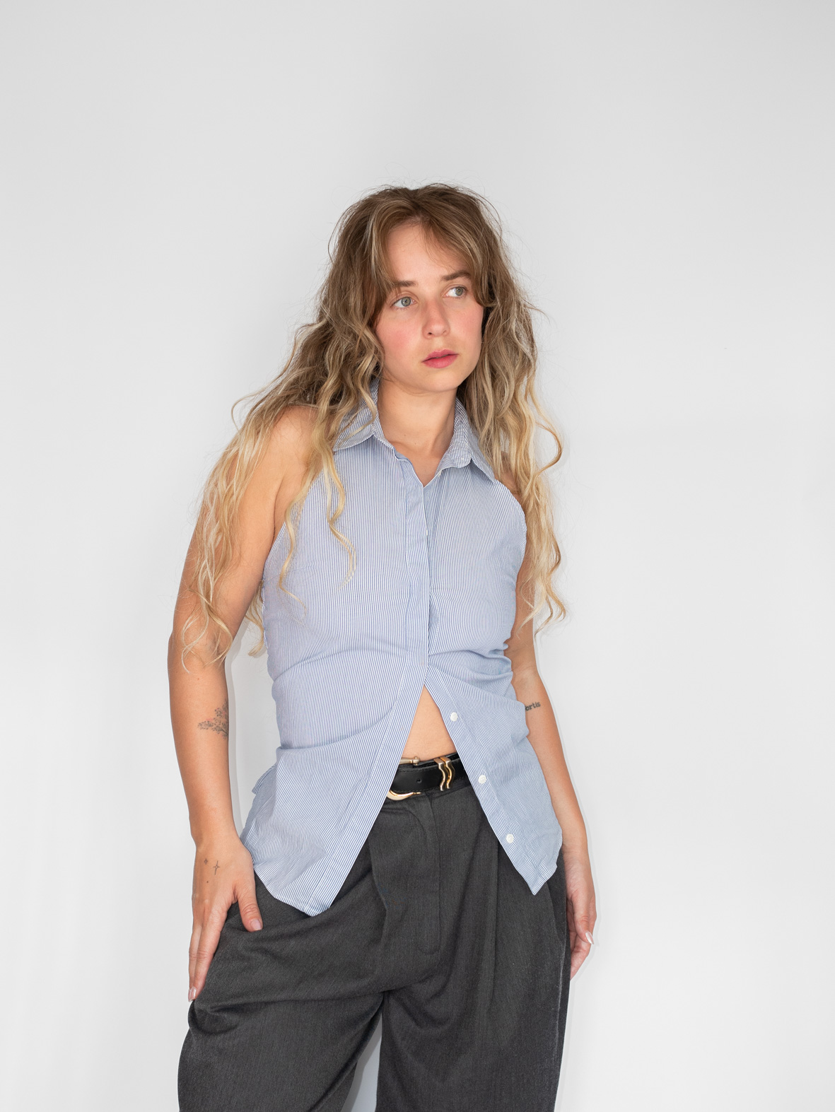 Reworked Halter Shirt – Blue Pinstripe - S/M - Image 5