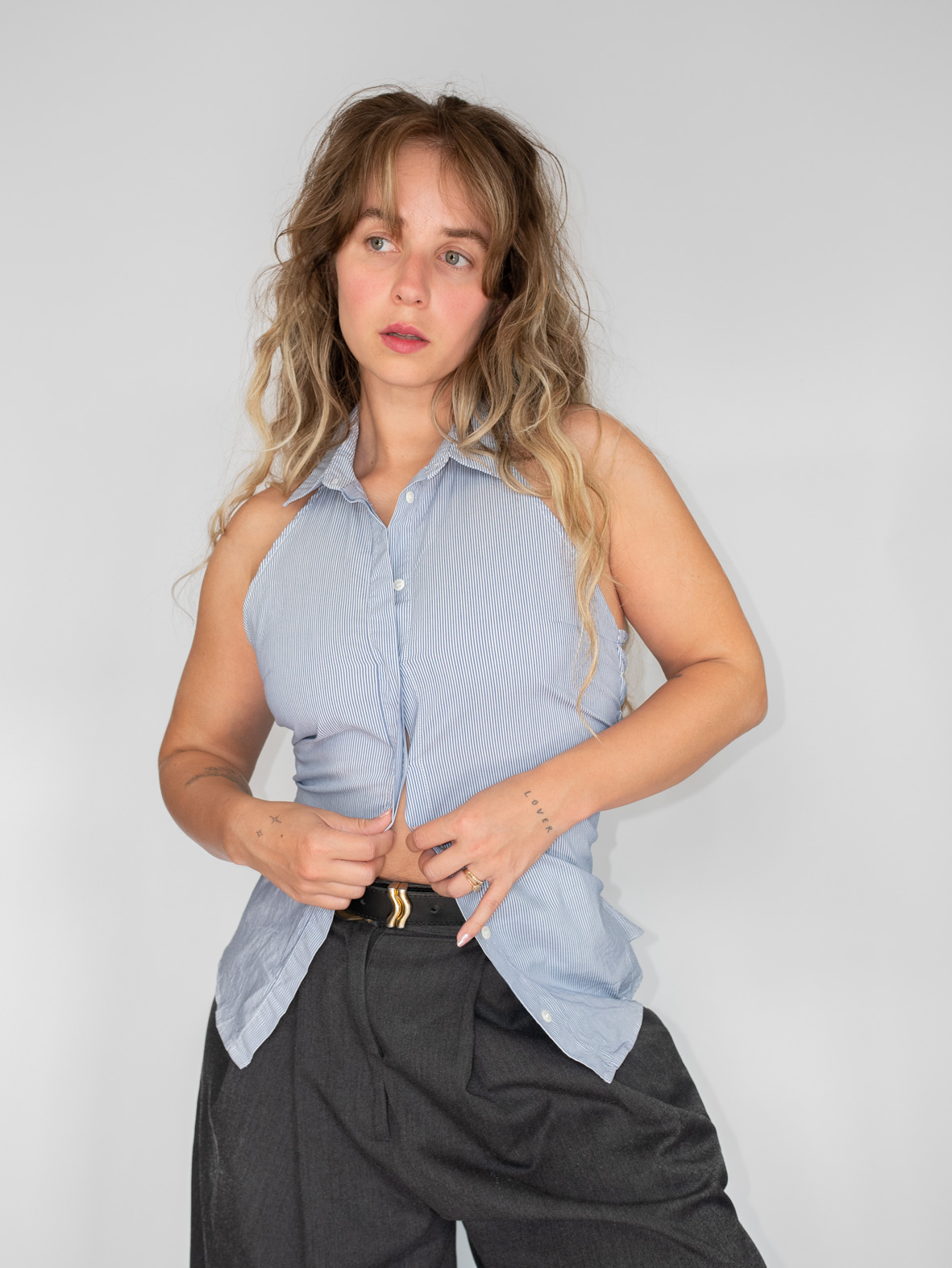 Reworked Halter Shirt – Blue Pinstripe - S/M