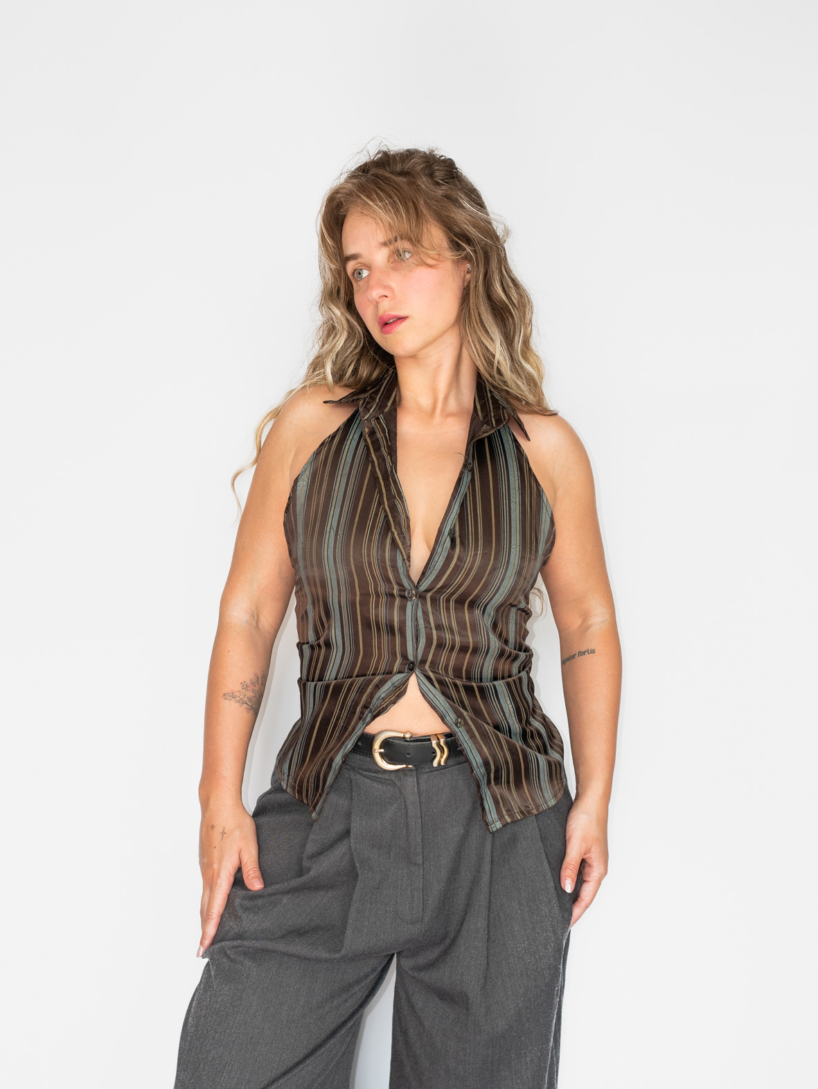 Reworked Halter Shirt – Earthy Stripes Edition - S/M
