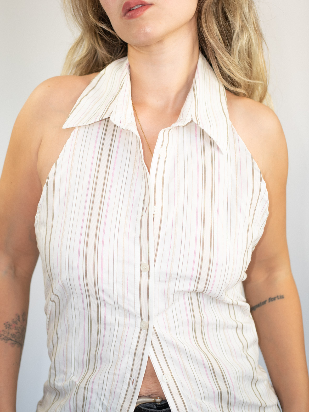 Beige Pinstripe Reworked Halter – Subtle & Chic - S/M - Image 3