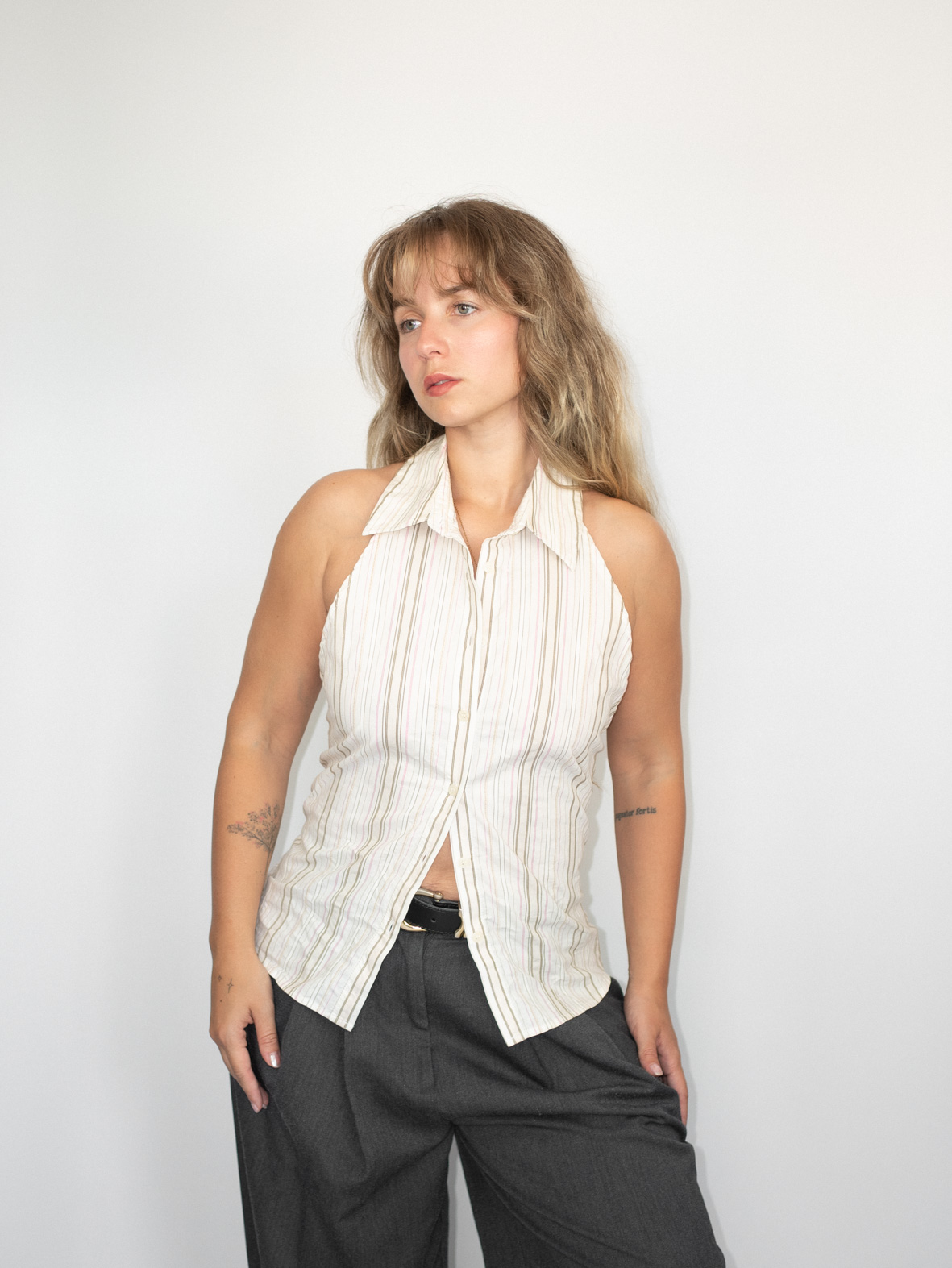 Beige Pinstripe Reworked Halter – Subtle & Chic - S/M - Image 4