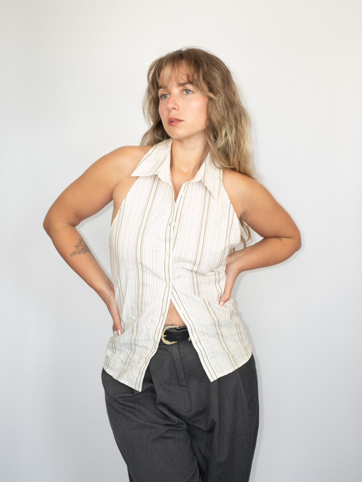 Beige Pinstripe Reworked Halter – Subtle & Chic - S/M