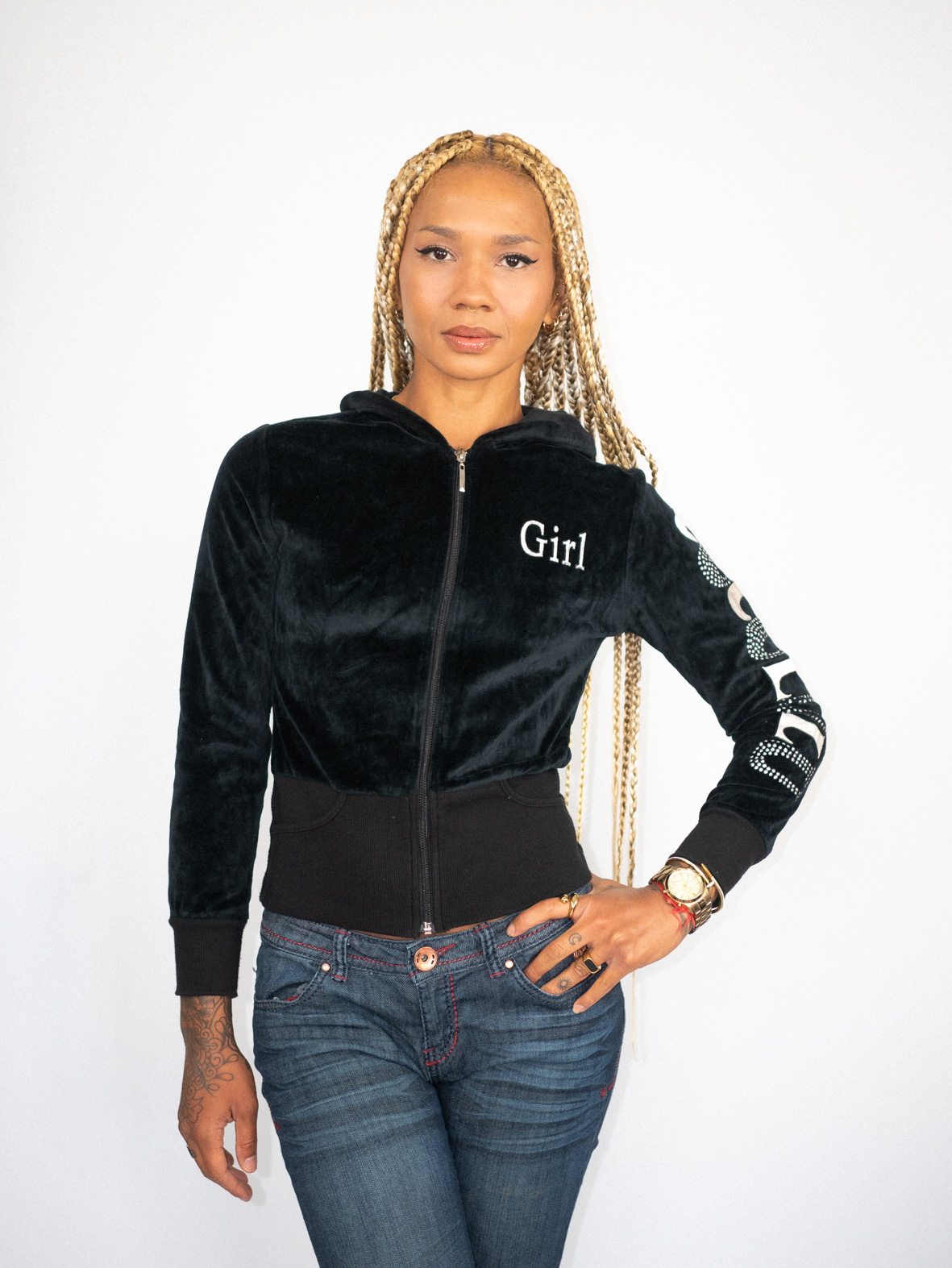 2000s Velour "Girl" Hoodie – Rhinestone Sleeve Detail - S