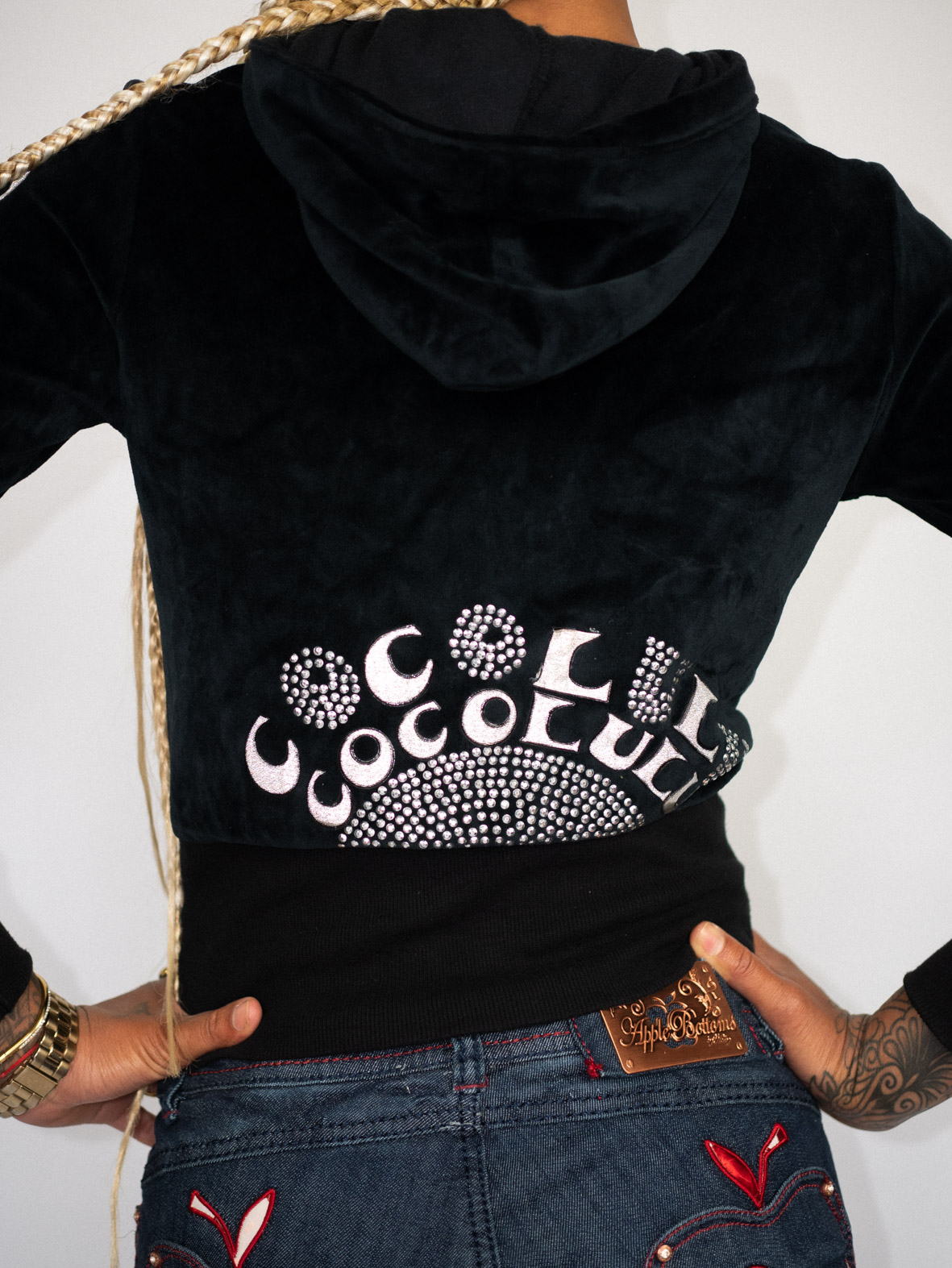 2000s Velour "Girl" Hoodie – Rhinestone Sleeve Detail - S - Image 2