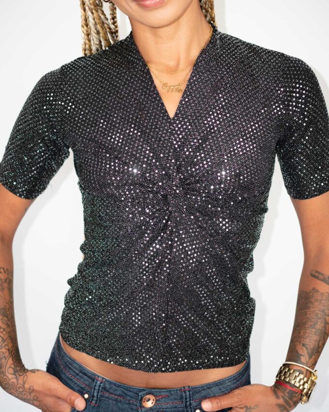 Sparkle Night Top – Black Glitter Twist Detail - S (stretchy)