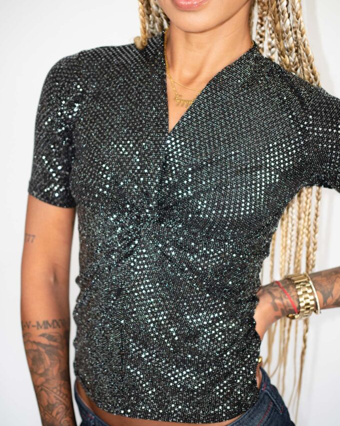 Sparkle Night Top – Black Glitter Twist Detail - S (stretchy)