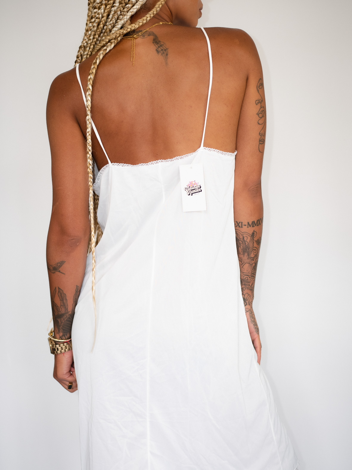 Pearl White Satin Slip – Lace & Vintage Softness - M - Image 5