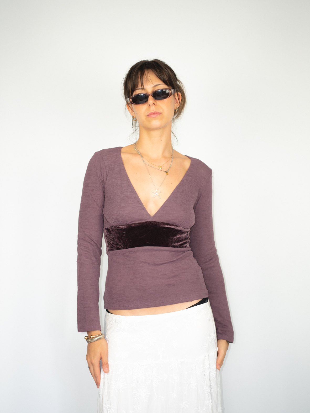 Vintage Plum Longsleeve with Velvet Waist Detail – S