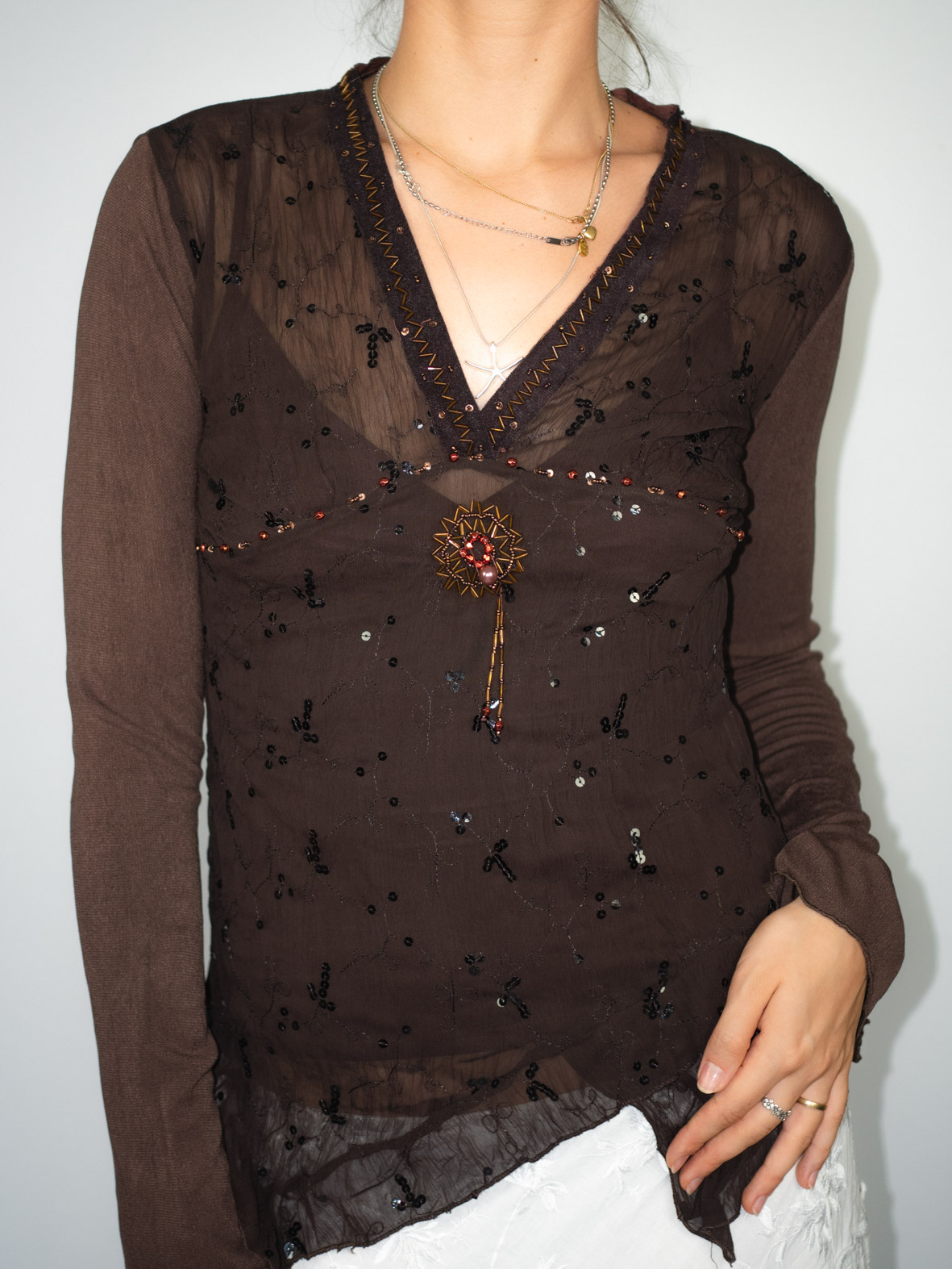 Brown Beaded Vintage Boho Longsleeve – XS - Image 2