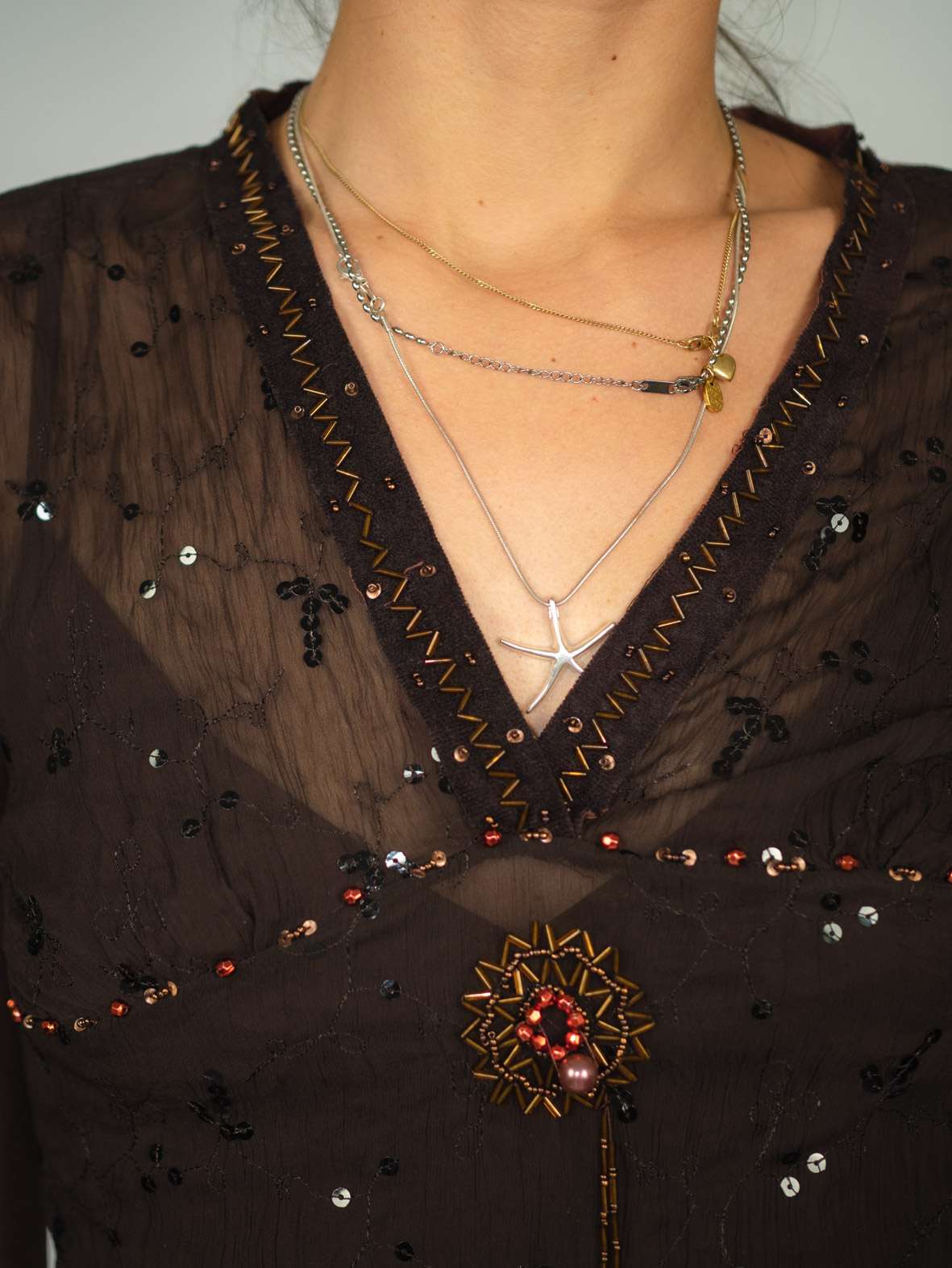 Brown Beaded Vintage Boho Longsleeve – XS - Image 3
