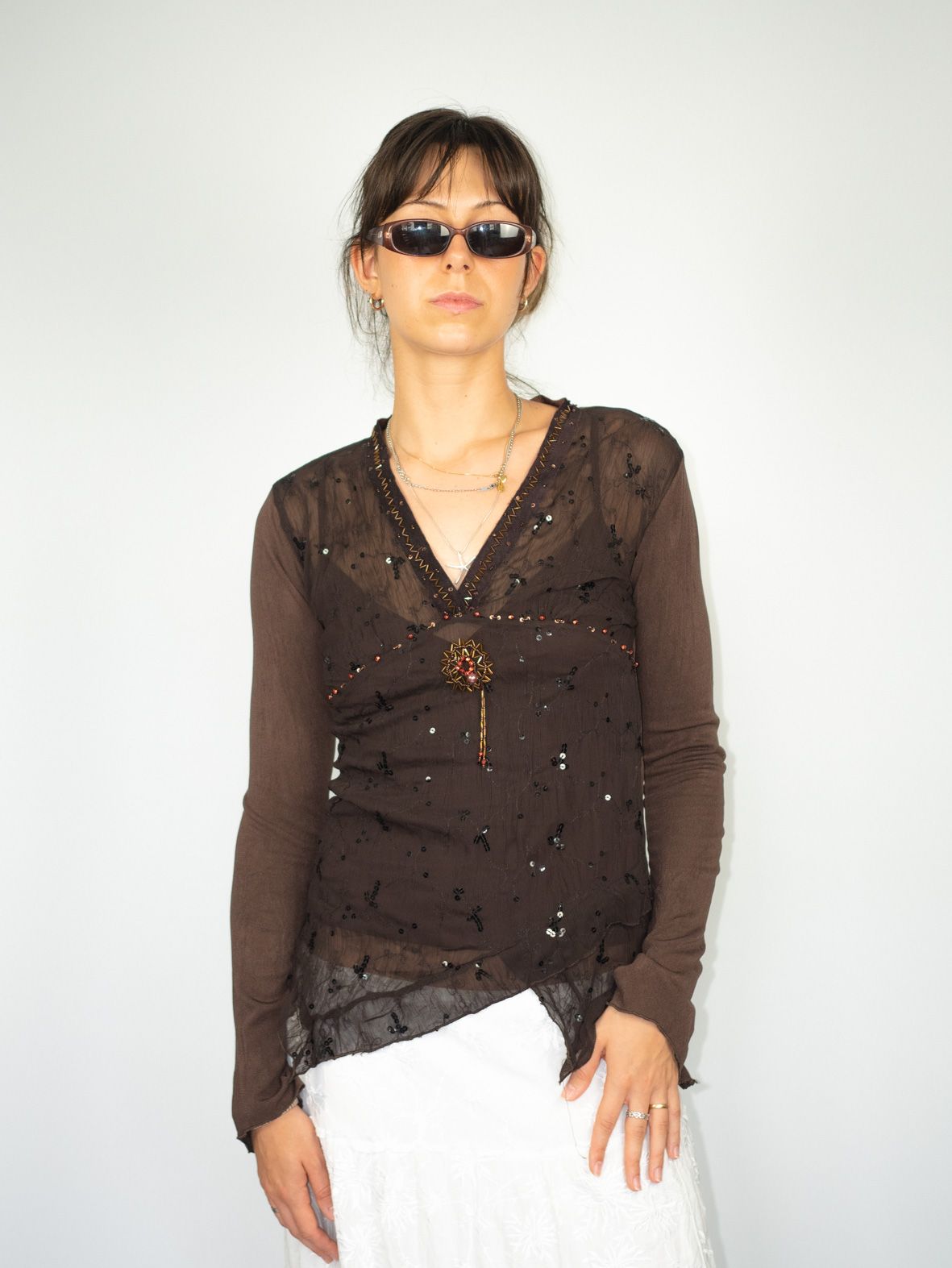 Brown Beaded Vintage Boho Longsleeve – XS