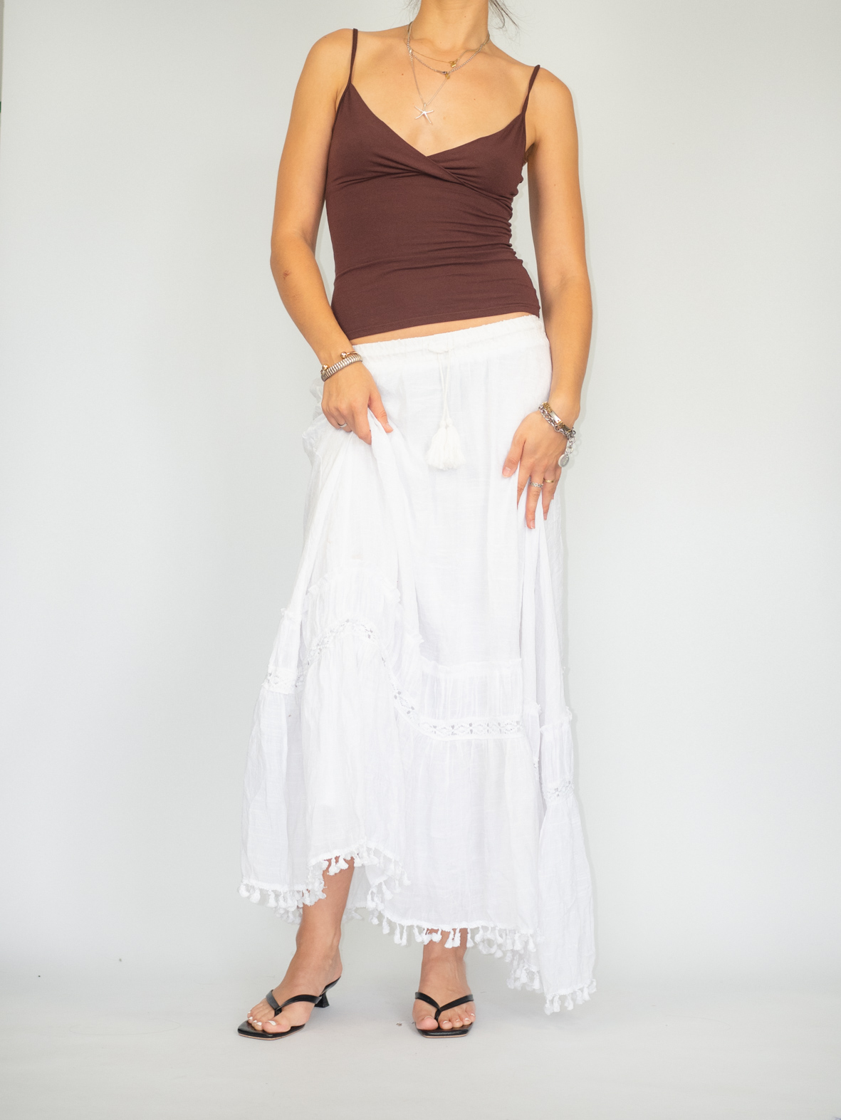 Crisp White Vintage Cotton Maxi Skirt – S/M