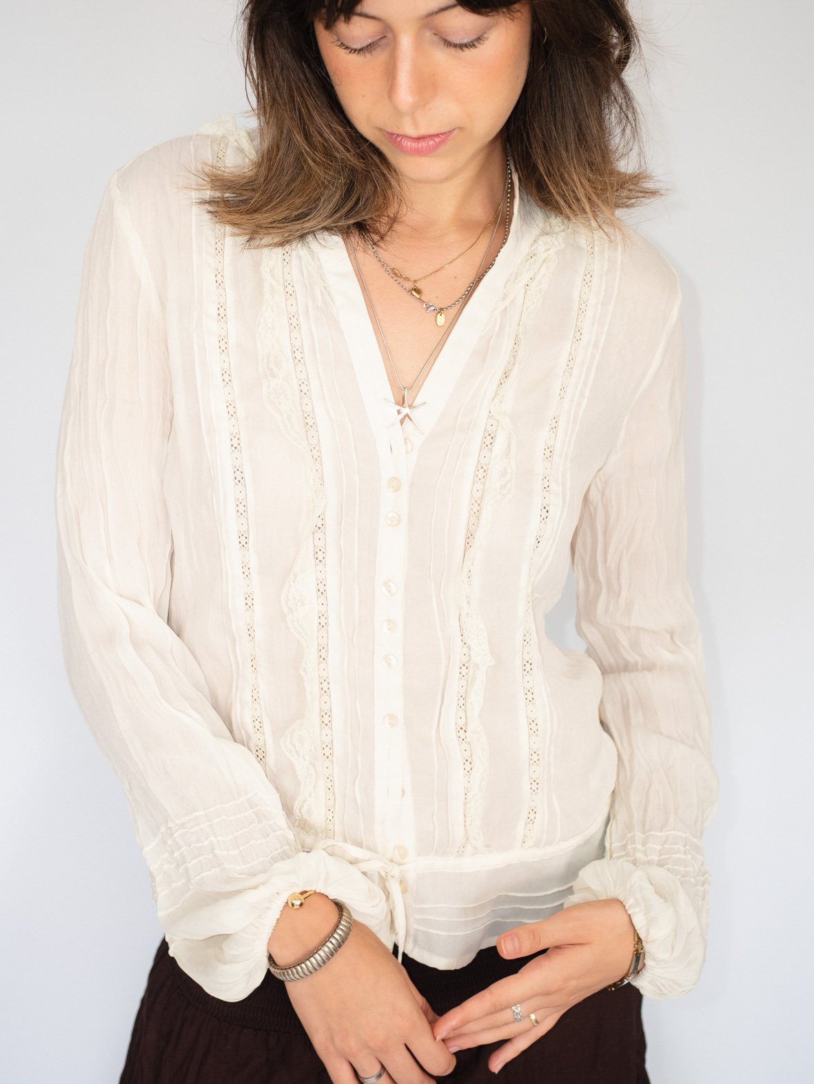 Vintage Boho Ivory Sheer Blouse – M - Image 2