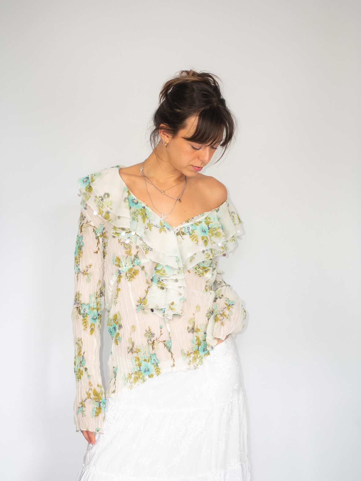 Sequin Floral Vintage Ruffle Top – M/L - Image 2