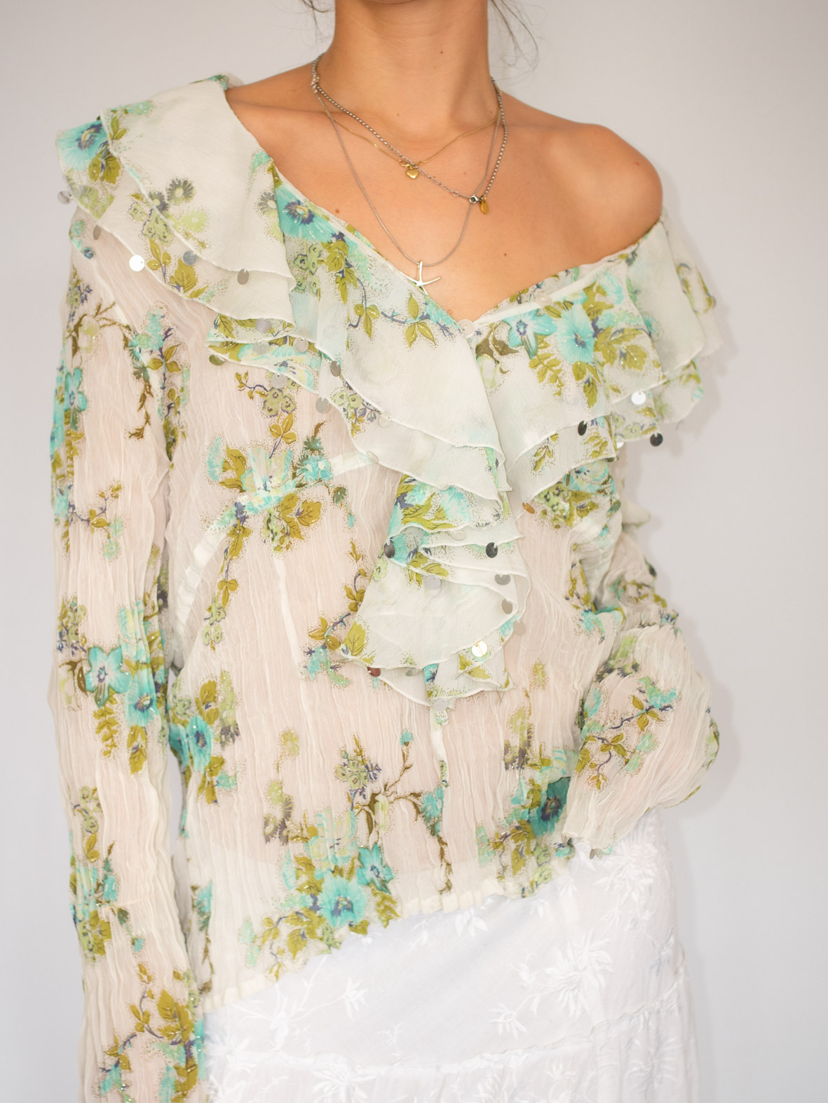 Sequin Floral Vintage Ruffle Top – M/L - Image 5