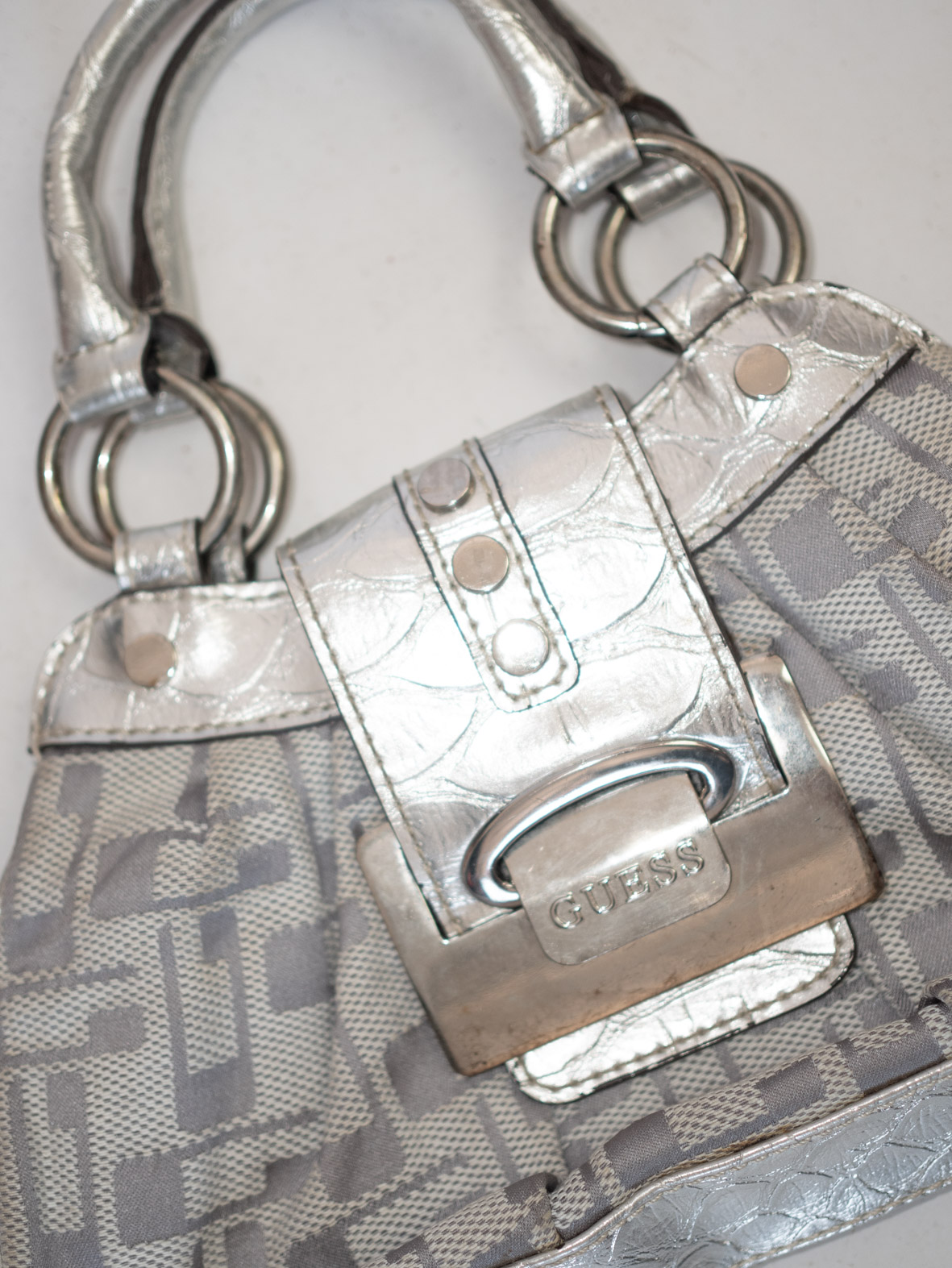 Mini Vintage Guess Handbag in Metallic Silver & Monogram - Image 7