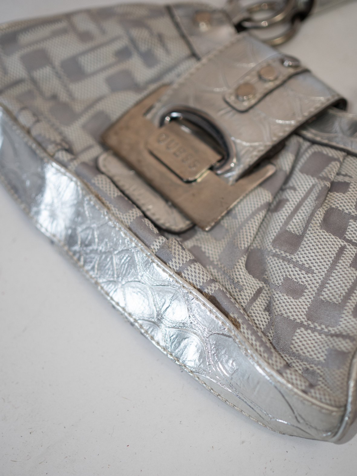 Mini Vintage Guess Handbag in Metallic Silver & Monogram - Image 8