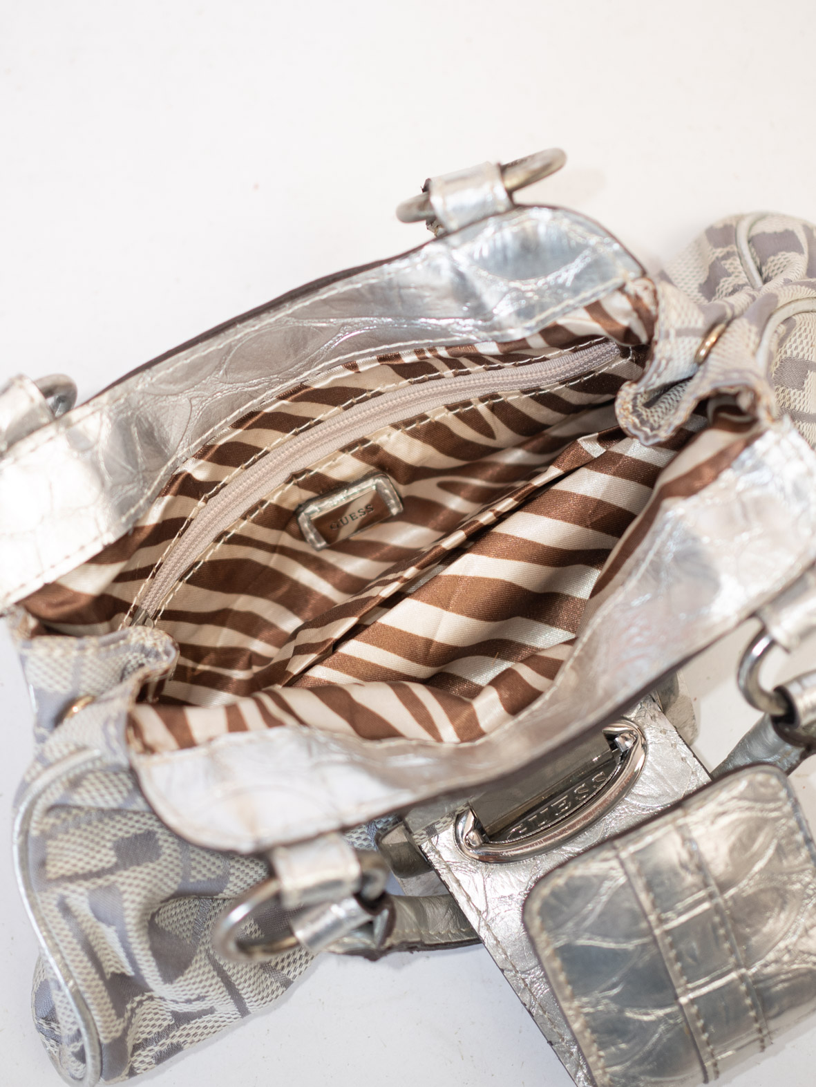 Mini Vintage Guess Handbag in Metallic Silver & Monogram - Image 11