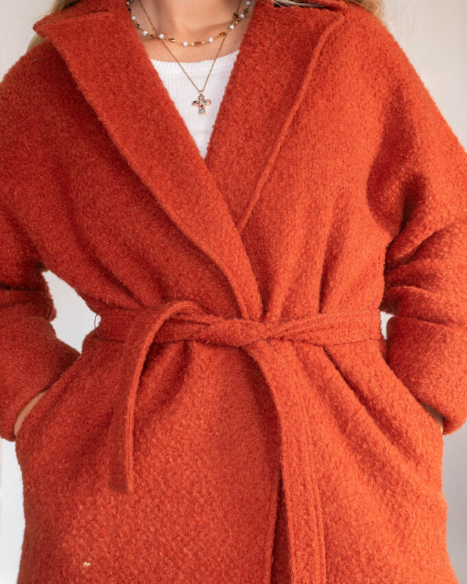 Burnt Orange Textured Coat with Belt - M