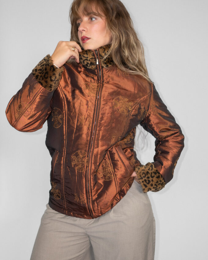 Copper Embroidered Puffer w/ Leopard Trim  - M