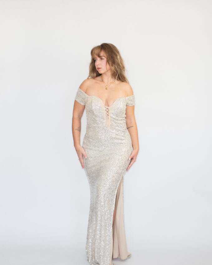 Stretchy Silver Sequin 00s Gown - S/M