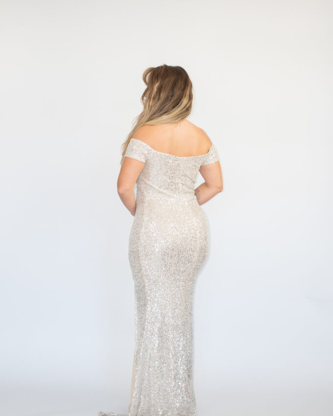 Stretchy Silver Sequin 00s Gown - S/M