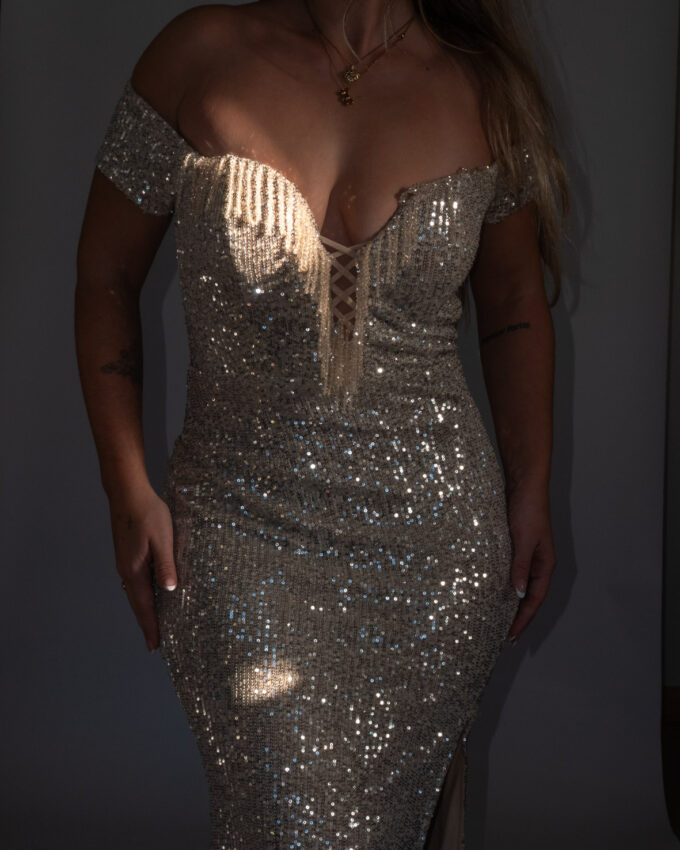 Stretchy Silver Sequin 00s Gown - S/M