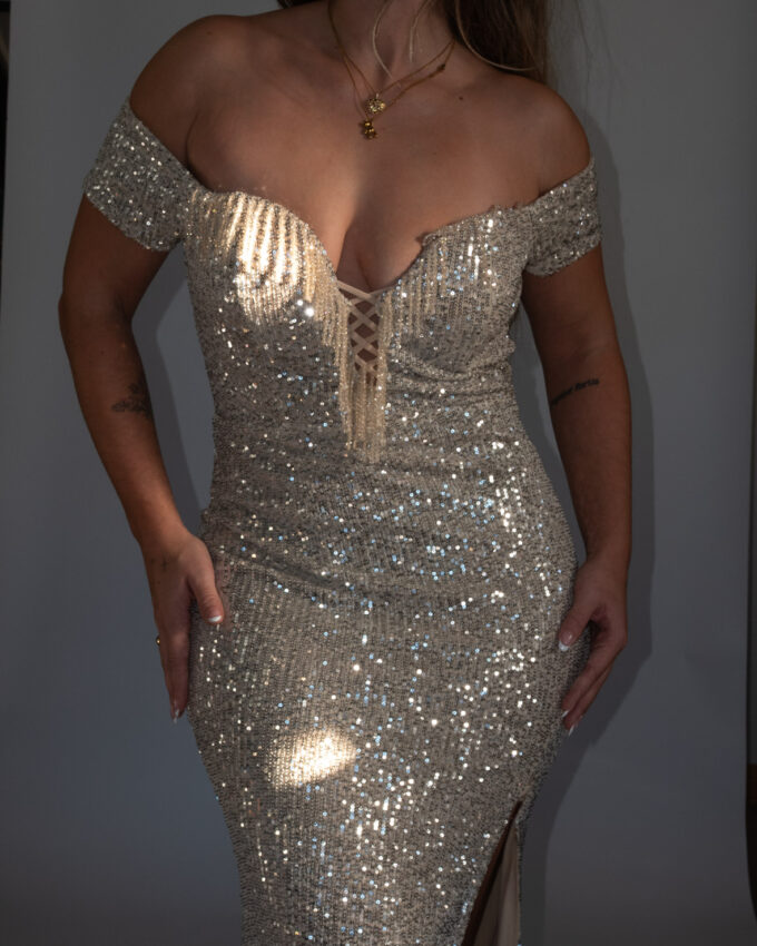 Stretchy Silver Sequin 00s Gown - S/M