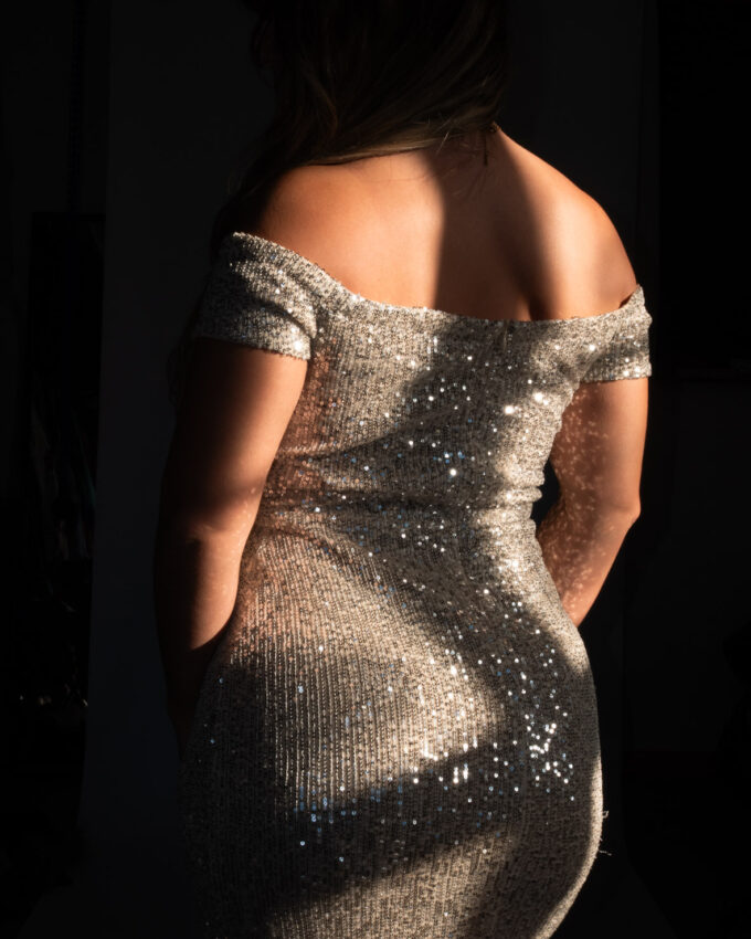 Stretchy Silver Sequin 00s Gown - S/M