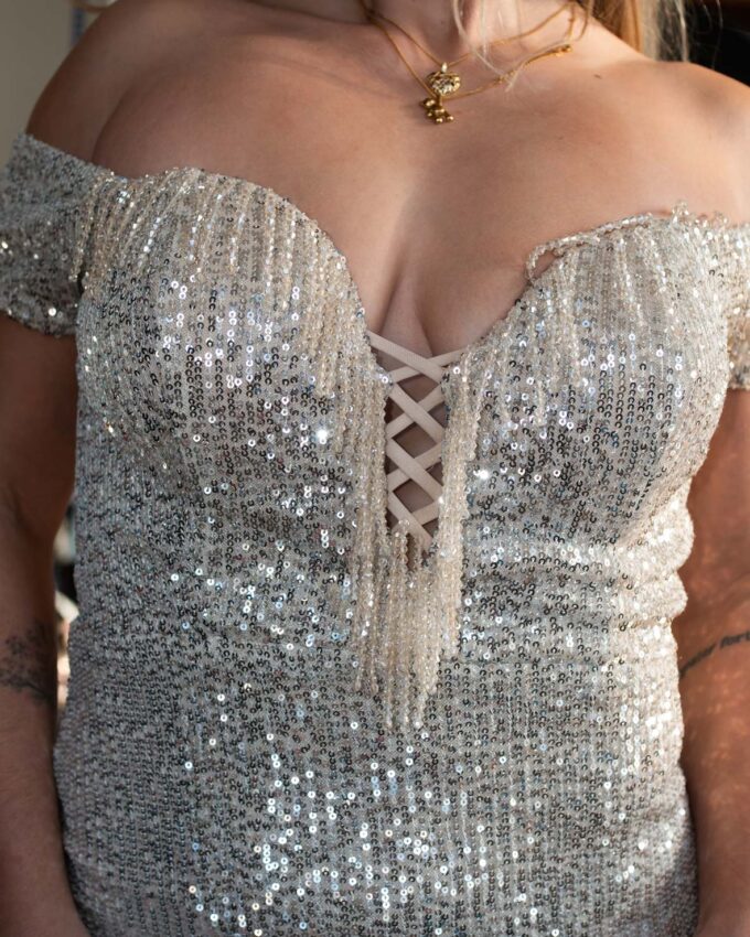 Stretchy Silver Sequin 00s Gown - S/M