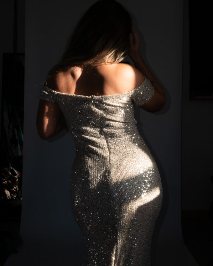 Stretchy Silver Sequin 00s Gown - S/M