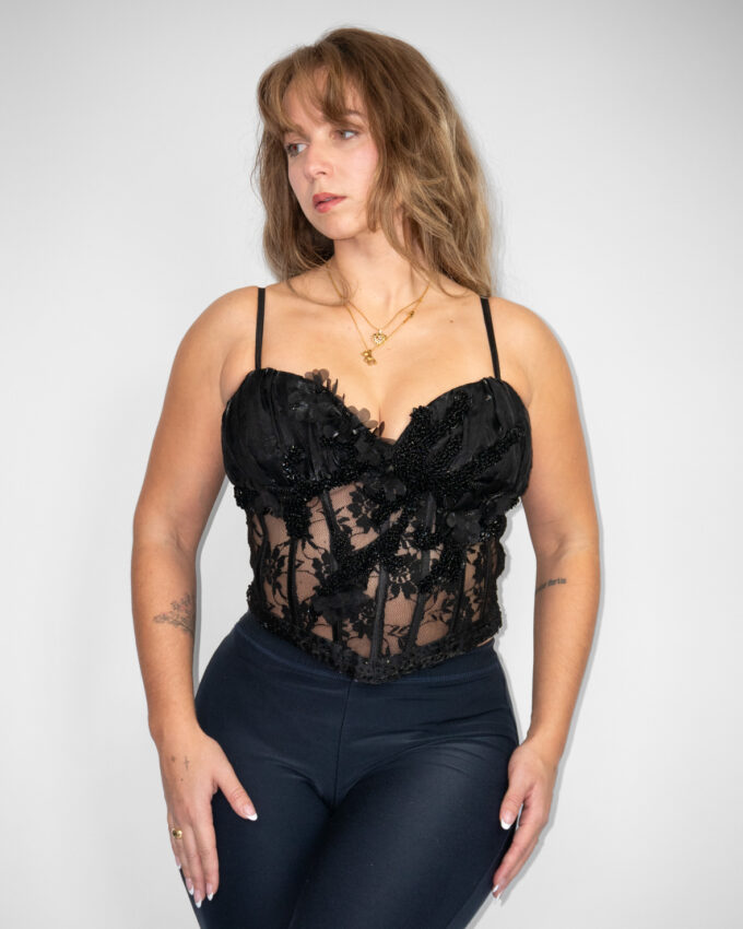 Black Beaded Corset Top (Side Zip) – Made in Turkey - S/M (C-cup)