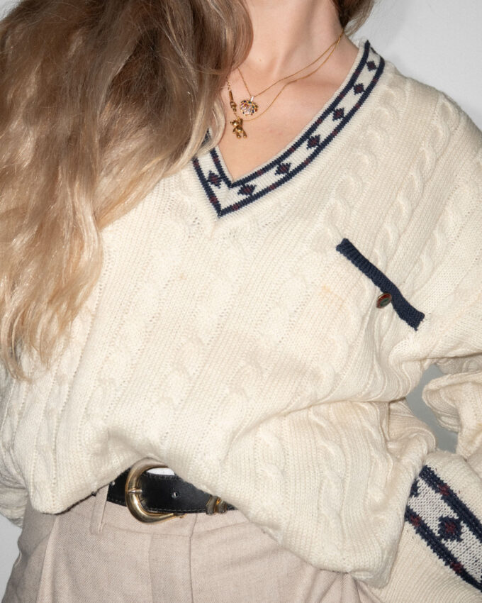 Vintage Knit – Cream Cable V-Neck Price - M/L