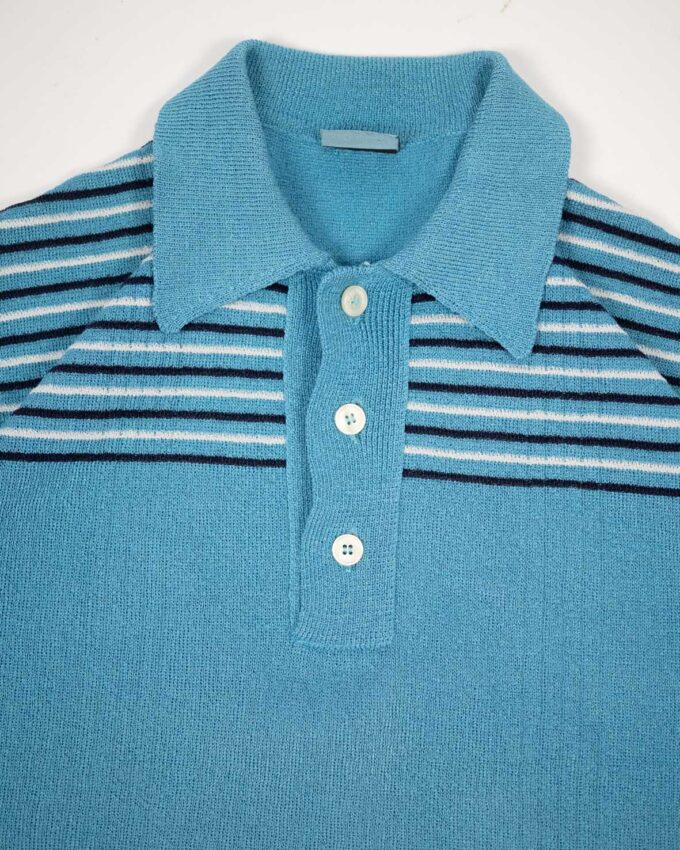 Vintage 70s Polo T-Shirt – Blue Striped Knit - M